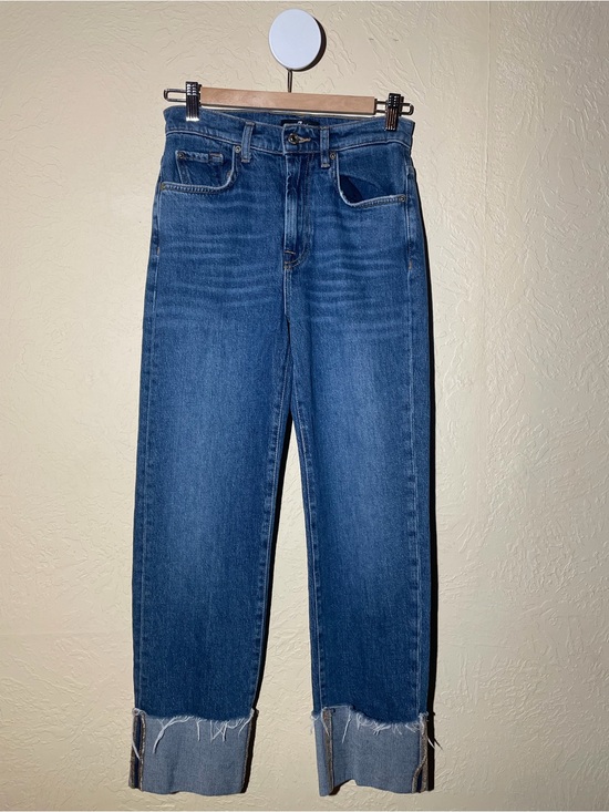 7 For All Mankind Denim - 7 For All Mankind Straight Jeans in Mid Blue with Cuffed Hem